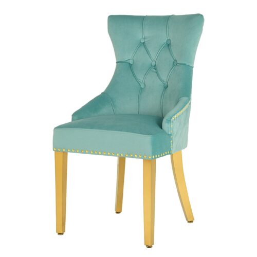 CASTLE DELUXE kék bársony szék arany lábak oroszlánfej fogantyúval