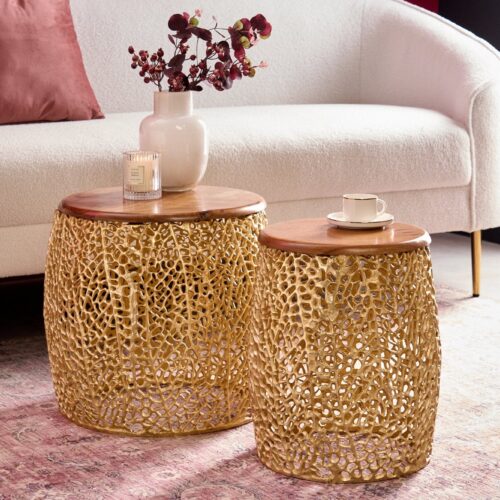 LEAF barna-arany kétrészes akácfa dohányzóasztal 40cm