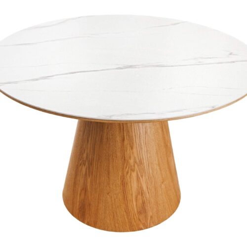 UNIQUE fehér kerek kerámia étkezőasztal tölgyfa vázzal 120 cm UNIQUE fehér kerek kerámia étkezőasztal tölgyfa vázzal 120 cm