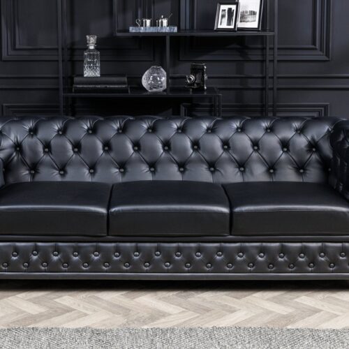 CHESTERFIELD 3 személyes fekete műbőr kanapé CHESTERFIELD 3 személyes fekete műbőr kanapé