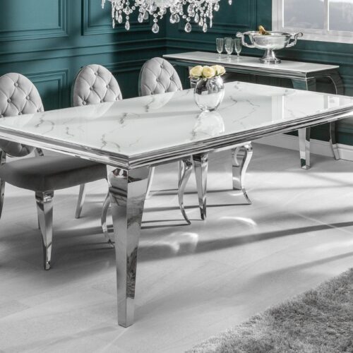 MODERN BAROCK fehér üveg márványmintás étkezőasztal 200x105x75 MODERN BAROCK fehér üveg márványmintás étkezőasztal 200x105x75