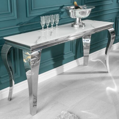 MODERN BAROCK fehér üveg márványmintás konzolasztal 145x50x75 MODERN BAROCK fehér üveg márványmintás konzolasztal 145x50x75