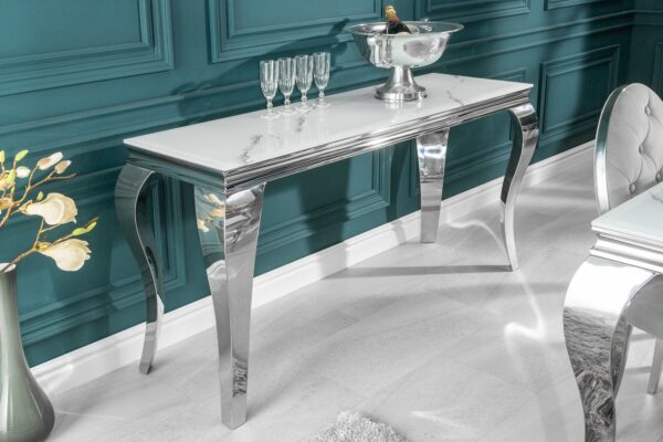 MODERN BAROCK fehér üveg márványmintás konzolasztal 145x50x75 MODERN BAROCK fehér üveg márványmintás konzolasztal 145x50x75